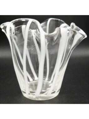 Fenton Clear Glass White Optic Stripe Handkerchief  Vase RARE Find!